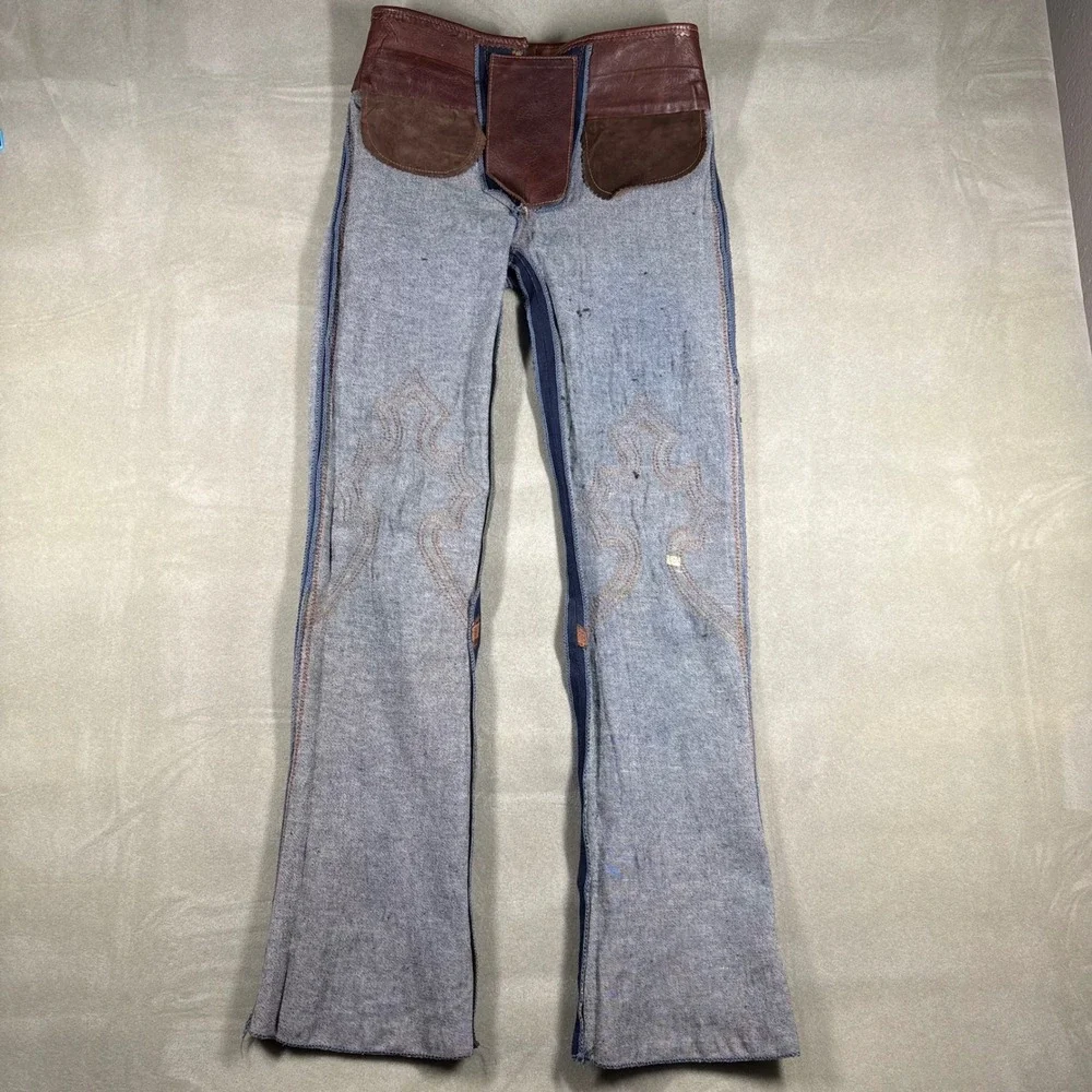 Vintage Royal Flesh Custom Leather Denim Lace Up Flare Jeans 80s 90s Western M
